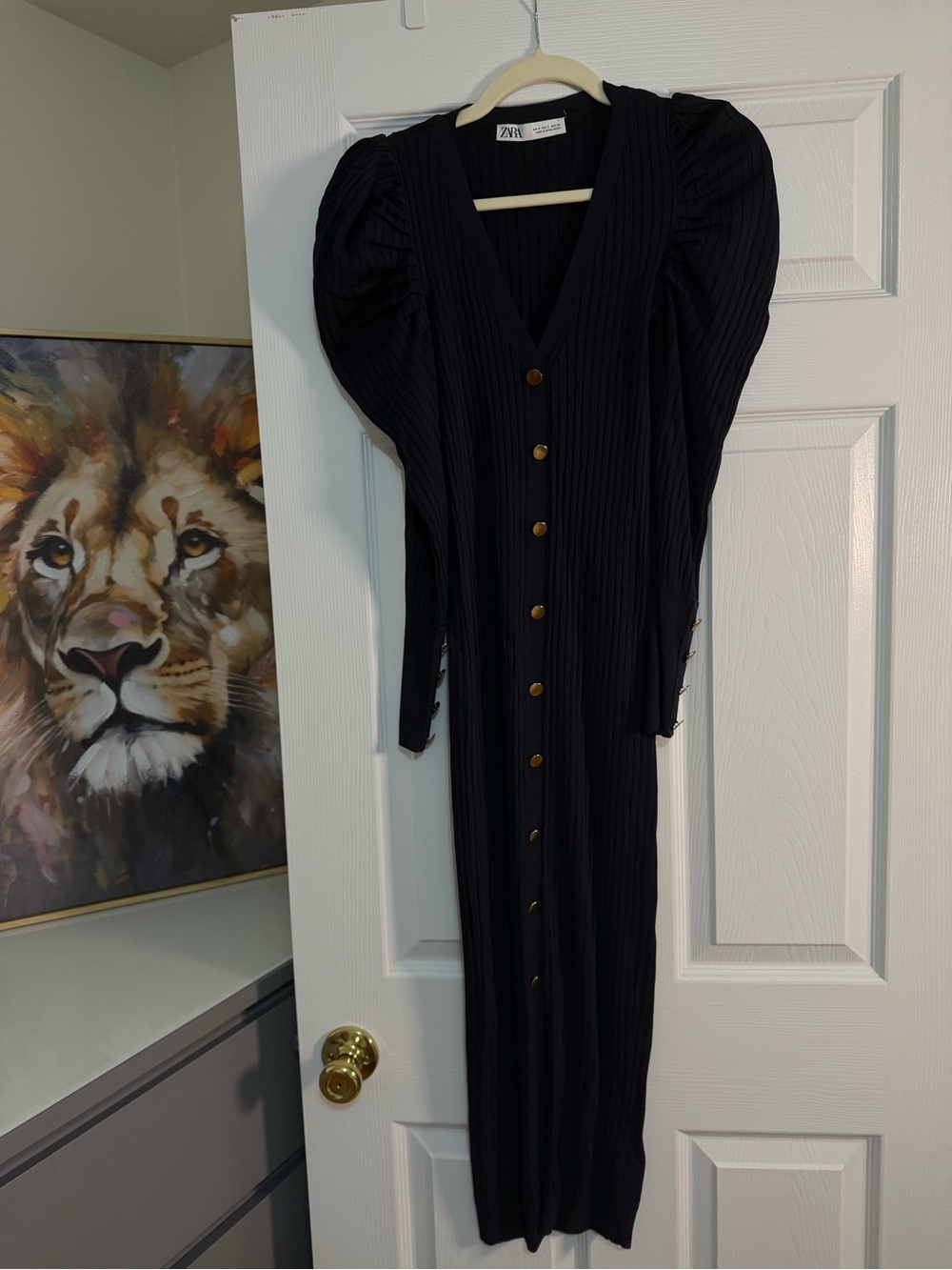 Zara Black Ribbed Midi Dress with Puff Shoulders